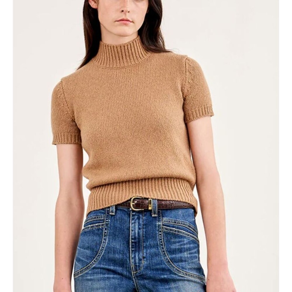 Nili Lotan Cambridge Short Sleeve Camel Hair Sweater Turtleneck Tan Size Small